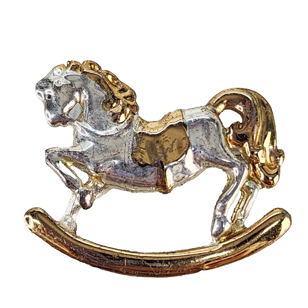 Vintage Danecraft Rocking Horse Brooch Pin Figural Gold Silver Tone Signed Metal